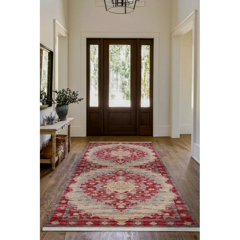Marisol Burgundy Beige Oriental Machine Printed Cotton Polyester Area Rug, Square 3'4"