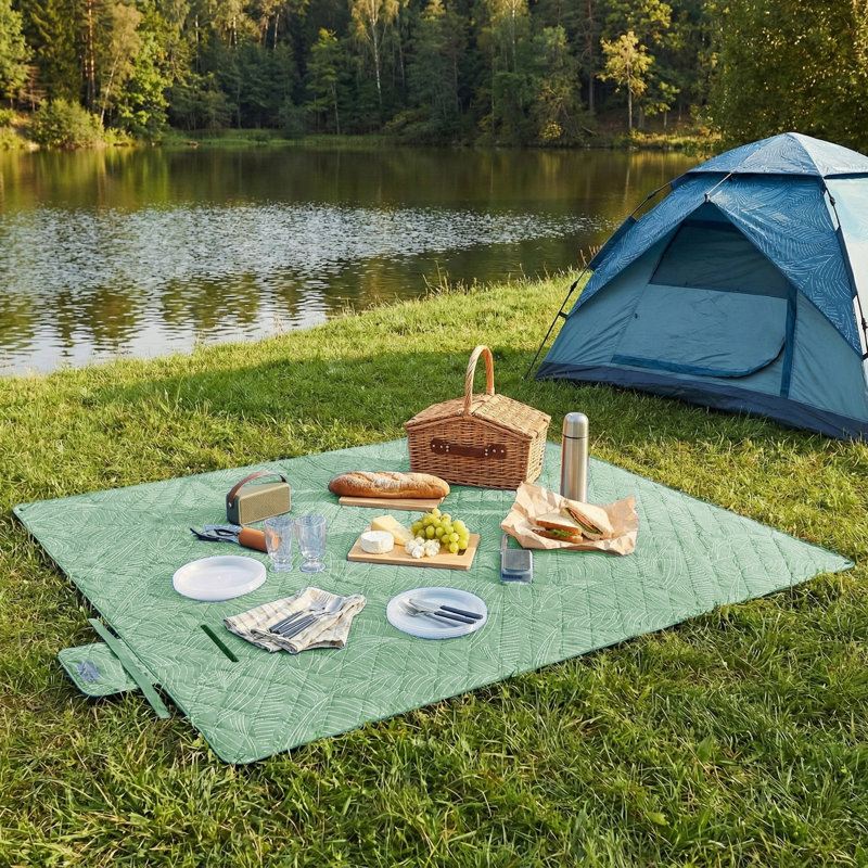 Picnic Blanket With 4 Ground Pegs, Large Picnic Mat For Beach Park, Waterproof Layer,Mint Green With Leaf Pattern