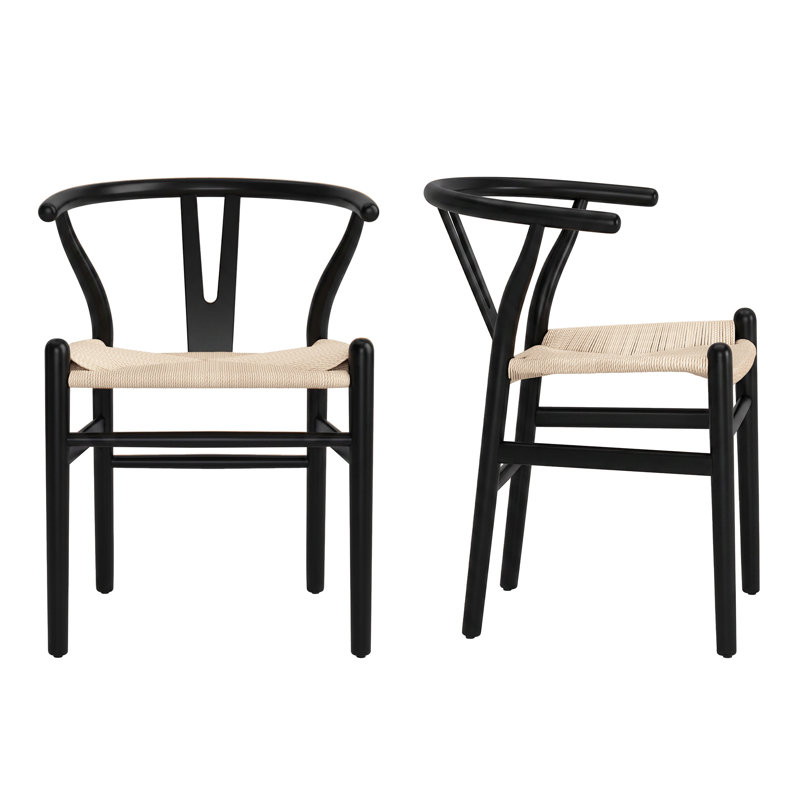 Chaise de salle à manger en bois massif tissé, entièrement assemblé, Noir