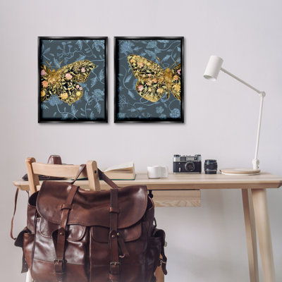 Ensemble de 2 toiles flottantes dorées à motif papillon noir avec papillon doré par Melissa Wang