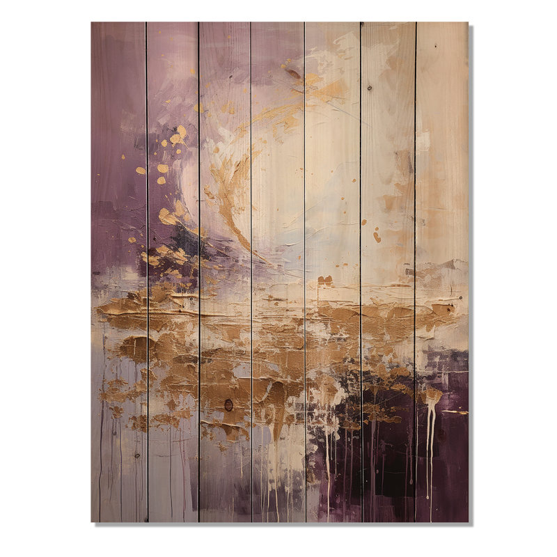 Paysage de montagne mauve et doré III - Paysage abstrait sur bois, H 40 po x l 30 po