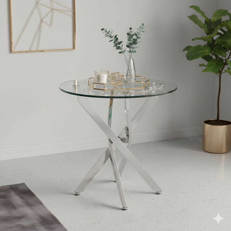Modern Circular End Table With A Tempered Glass Top And Chrome Legs.