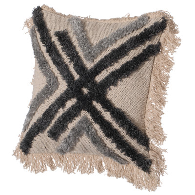 16"" Handwoven Cotton & Silk Throw Fringed Pillow Cover with Embossed Crossed lines with Filler and Cushion, Black & Natural -  Dakota Fields, 3EC20BFF5E494F808DD39343922D97B9