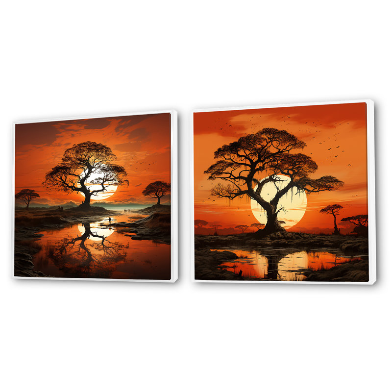 Coucher de soleil silhouettes d'arbre baobab, H 16 po x l 33 po, Cadre flottant blanc