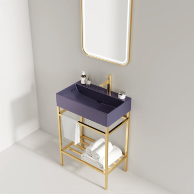 24 Inch Freestanding Bathroom Vanity With Ceramic Basin, Open Metal Legs, And Storage Shelves For Modern Bathrooms