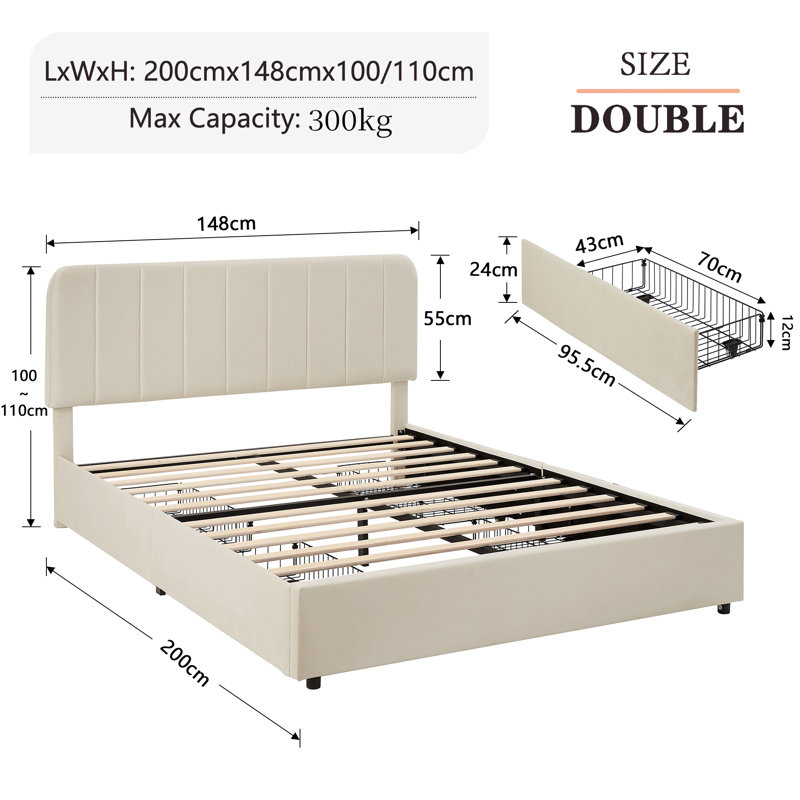 Double Size Upholstered Beds, Modern Platform Bed Frame With Adjustable Headboard And 4 Storage Drawers, Wooden Slats Support, No Box Spring Needed
