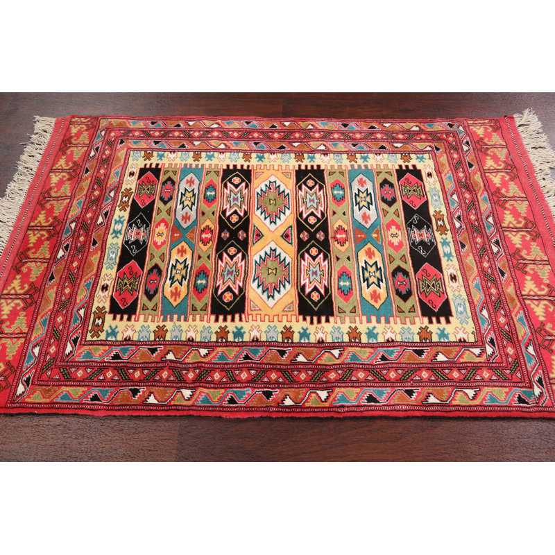 Tapis décoratif en laine noué à la main de conception unique 3 pi 5 po x 5 pi 2 po New Age Turkoman