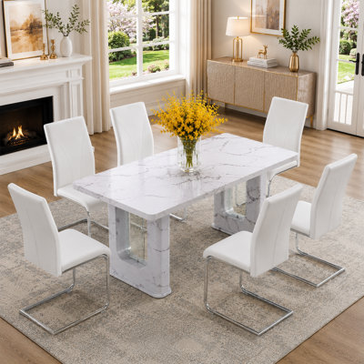 Modern Marble Patterned Dining Table Set For 6, Rectangular Kitchen & Dining Room Set With Glass-Inlay Pedestal Base & Faux Leather Chairs, Contempora