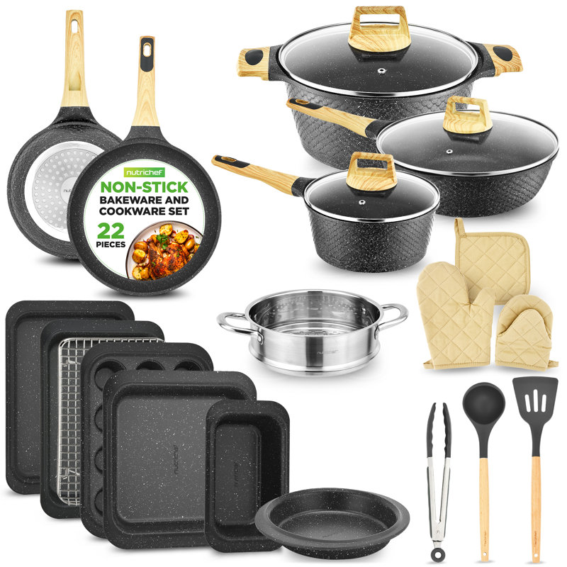 Nutrichef 22-Piece Maroon Marble Non-Stick Cookware And Bakeware Set - Professional Home Kitchen Collection With Multi-Sized Pots, Pans, And Heat-Resistant Tools