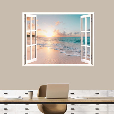 Natural landscape view from white window, Peel & Stick Coastal mural, removable beach wallpaper