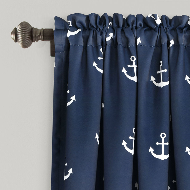 Navy Anchor Print Blackout Polyester Window Curtains
