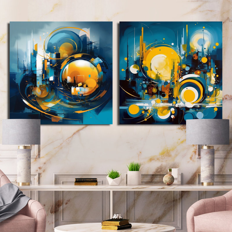 Ensemble de 2 collages carrés en marbre bleu et jaune, H 30 po x l 61 po, Toile tendue