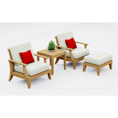 Ensemble de chaises longues en bois de teck 4 pièces Teakstation: 2 chaises longues, repose-pieds et table d'appoint carrée avec coussins en tissu Sunbrella pour l'extérieur