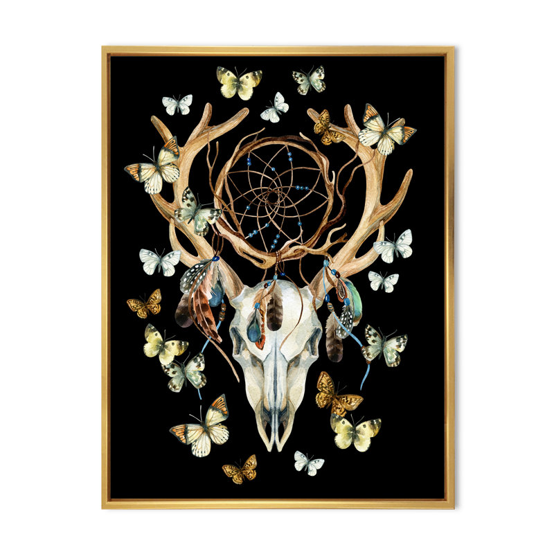 Crâne de cerf avec papillons - reproduction d'art sur toile traditionnelle, H 32 po x l 16 po x P 1 po
