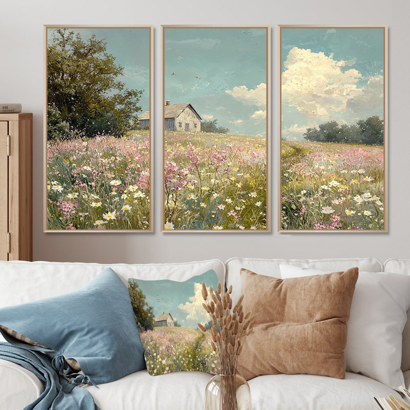 «Rose et vert ferme», ensemble d'art mural de ferme, Toile naturelle avec cadre flottant, H 32 po x l 48 po x P 1 po