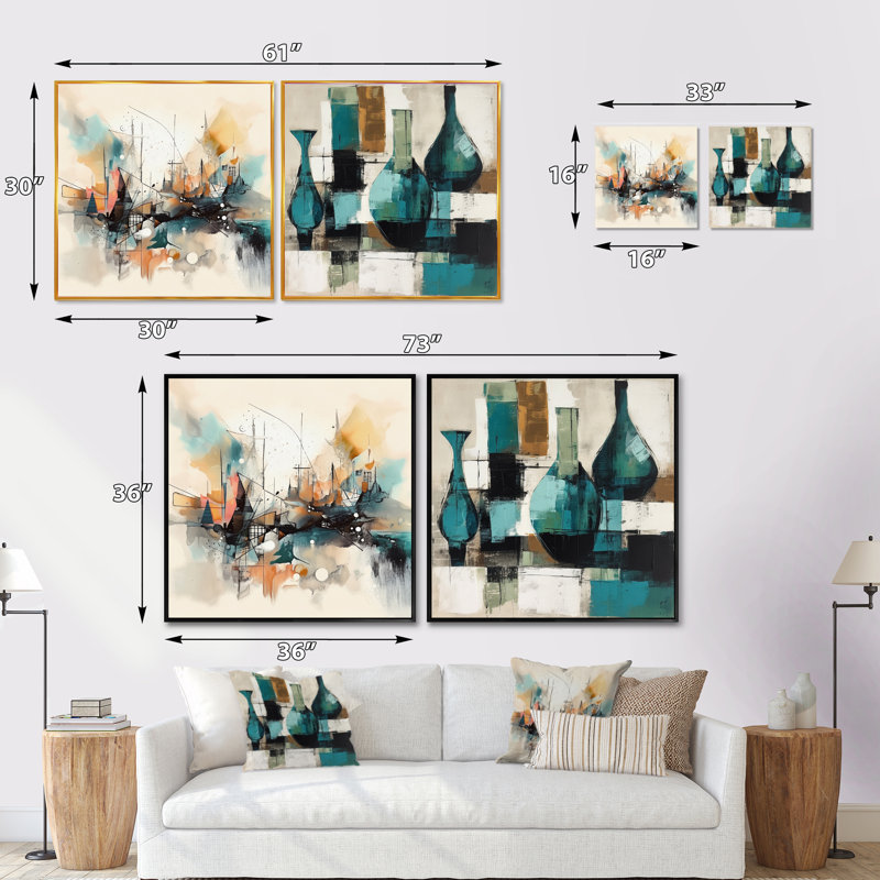 Green and Cream Abstracted Realities - Ensemble de 2 collages carrés abstraits, H 30 po x l 61 po, Toile tendue