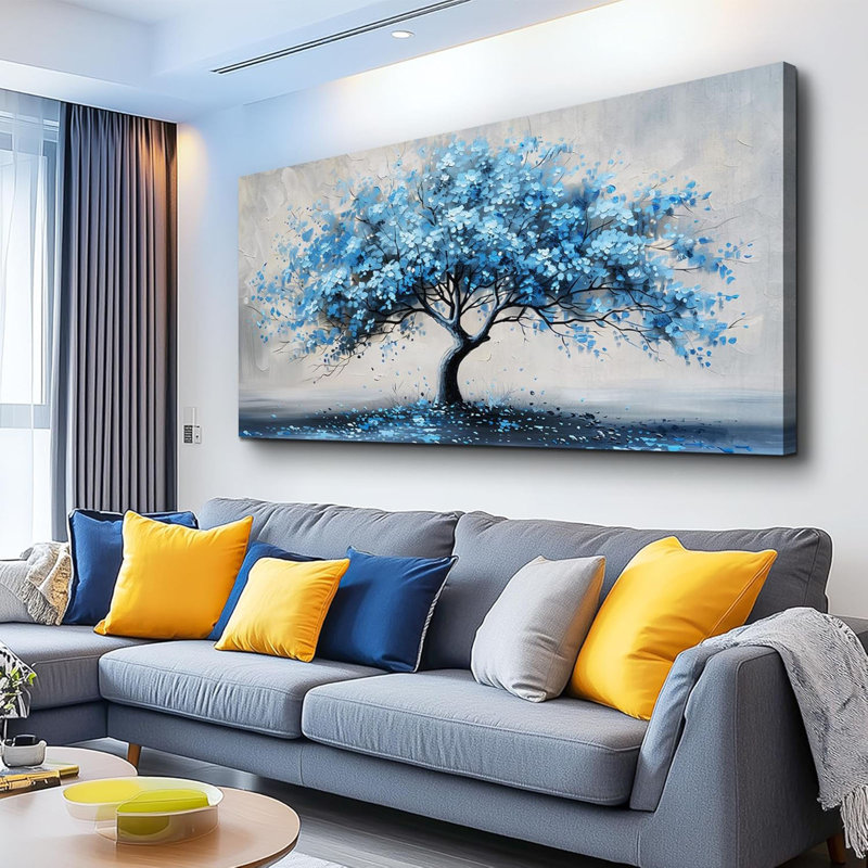 Wall Art For Living Room Large Wall Decor For Office Bedroom Wall Decorations Abstract Canvas Painting Blue Tree Pictures Artwork Ready To Hang Guesthouse Room Mural Home Decor 24X48 In
