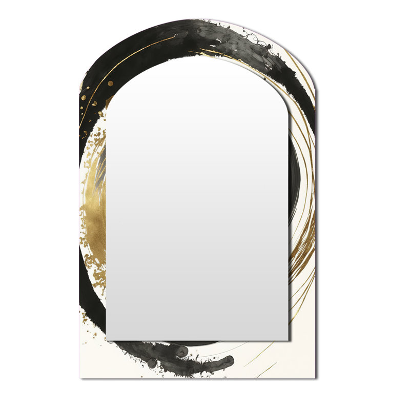 Black And Gold Curves IV - Abstract Spirals Irregular Shape Unique Mirror, Black Asymmetrical Large Wall Mirror, Printed Metal Art