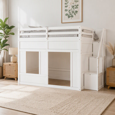 Lit mezzanine double avec escalier de rangement et lumières DEL intégrées, blanc