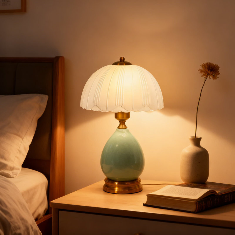Lampe de table en céramique rétro de 16 pouces avec 3 lumières DEL à intensité variable de 3 couleurs, rétro éclairage vert traditionnel pour le salon et la chambre à coucher