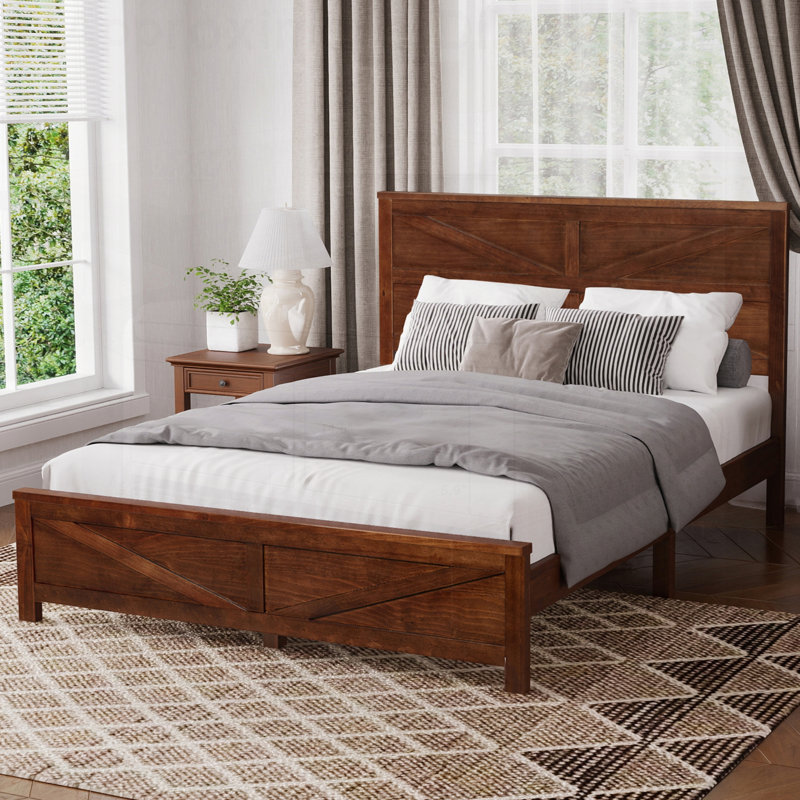 Tête de lit et pied de lit de style campagnard avec porte de grange, lit en bois de pin avec cadre de lit renforcé, Grand lit