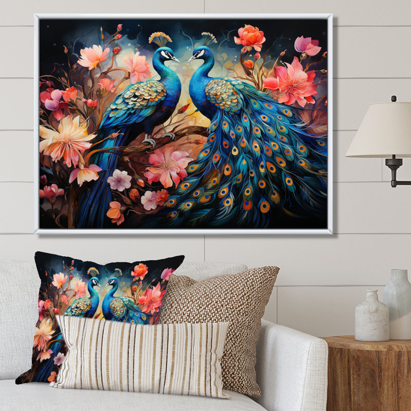 «Blue Coral Indian Art Dancing Peac II» - Art mural indien, Cadre flottant blanc, H 30 po x l 40 po x P 1,5 po