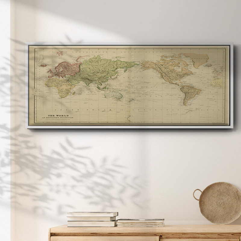 " The World On Mercators Projection K ", 8" H x 20" W x 1.5" D, White