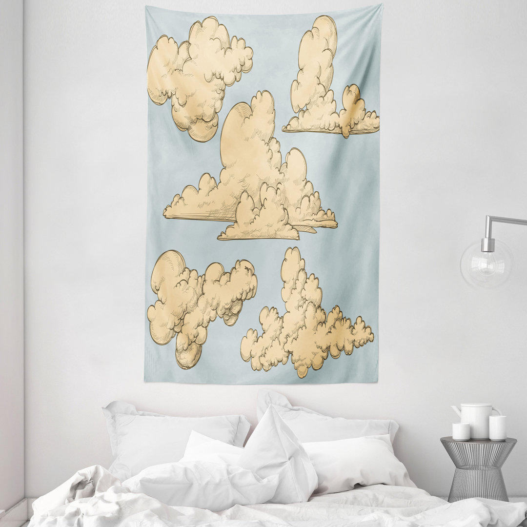 Wandteppich, Cartoon Fluffy Clouds Kunst, Kids, Beige Blau