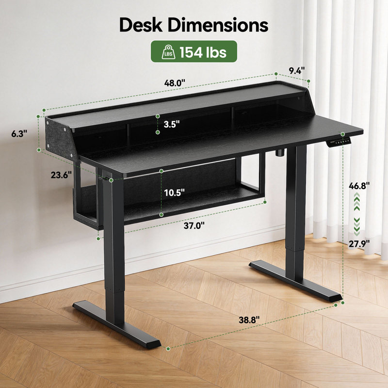 Electric standing desk, height adjustable, with storage space, standing gaming desk with LED light strip, suitable for home office and gaming, sit/stand workstation.