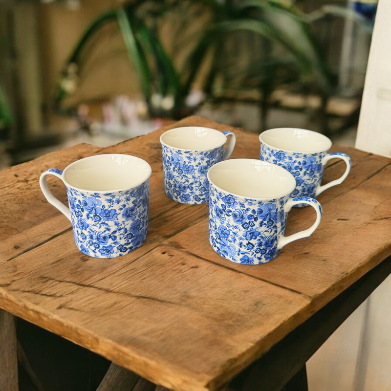 Reactive Glaze Ceramic Coffee Mug Set of 4 with Floral Design Pattern