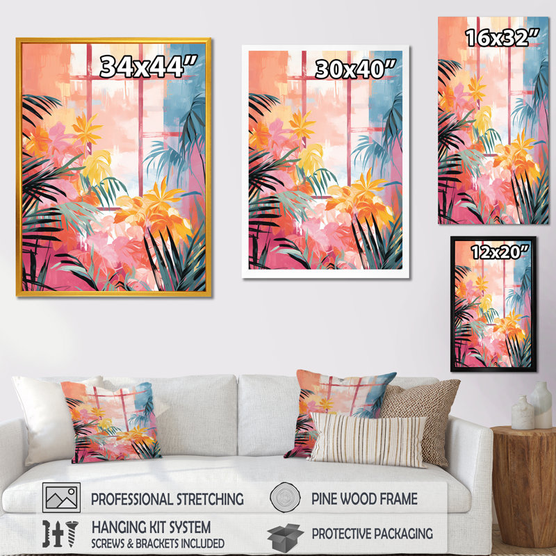 «Pastal Color Tropical Windows View 1 - Abstract», art mural floral, H 40 po x l 30 po x P 1,5 po, Cadre flottant noir