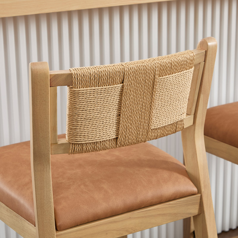 Farmhouse Solid Wood Barstool With Braided Rope Backrest, Upholstered Low Barstool For Bar And Kitchen Island Set Of 2, Brown