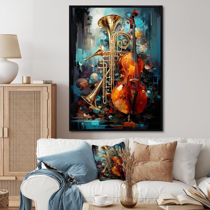 «Trombone Violen Tribute Jazzed Jade» sur toile, Cadre flottant noir, H 32 po x l 24 po x P 1 po