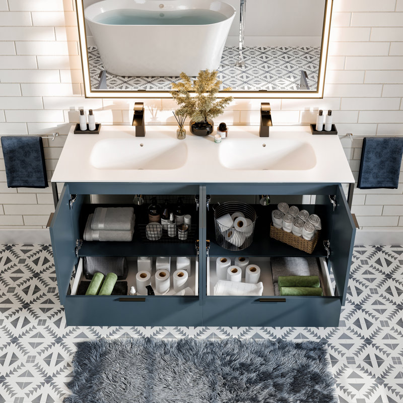 Mendiola 48 In.  Wall Mount Double Sink Bath Vanity With Solid Surface Top And Integrated Sinks, Blue