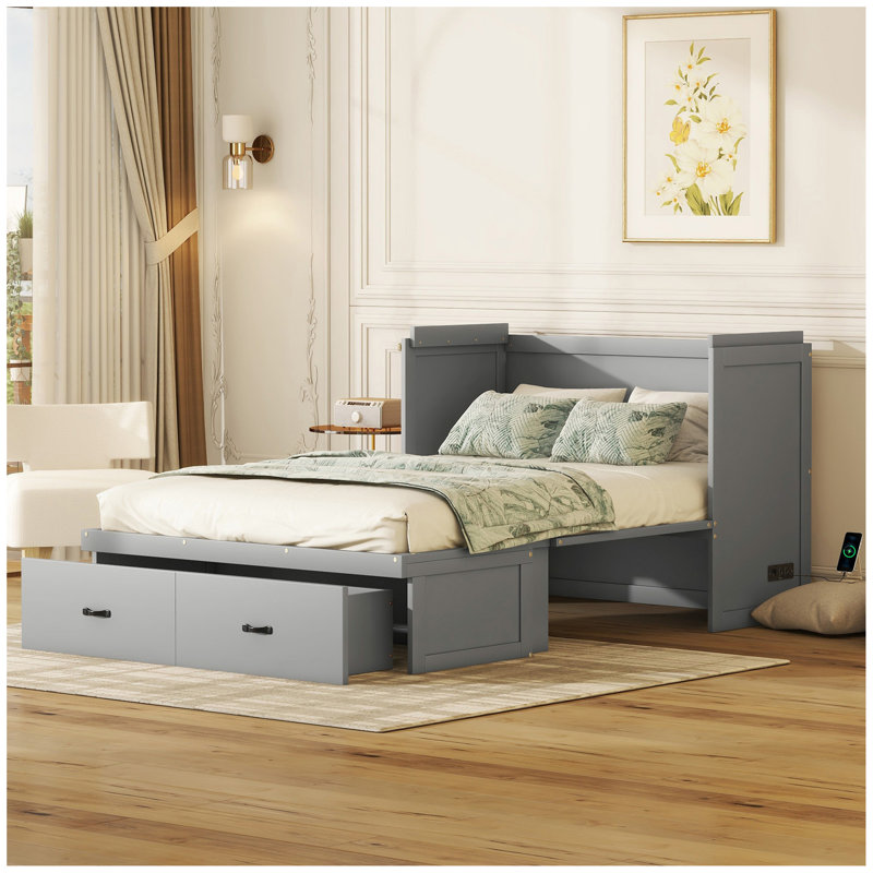 Lit escamotable double avec port USB et grand tiroir, gris