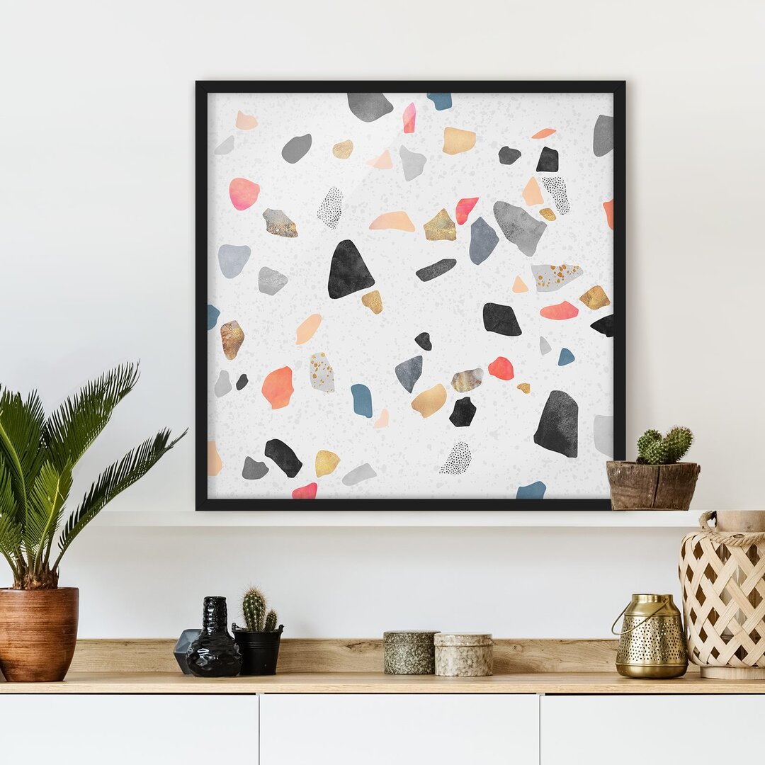 Gerahmter Grafikdruck White Terrazzo with Gold Stones