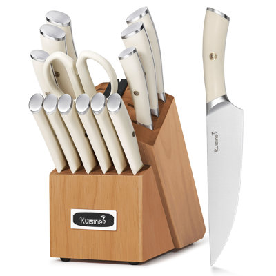 Kuisine 15-Piece High Carbon Stainless Steel Blade Kitchen Knife Set,Ergonomic ABS Handle Chef Knife Set,Built-In Sharpener Acacia Wood Block