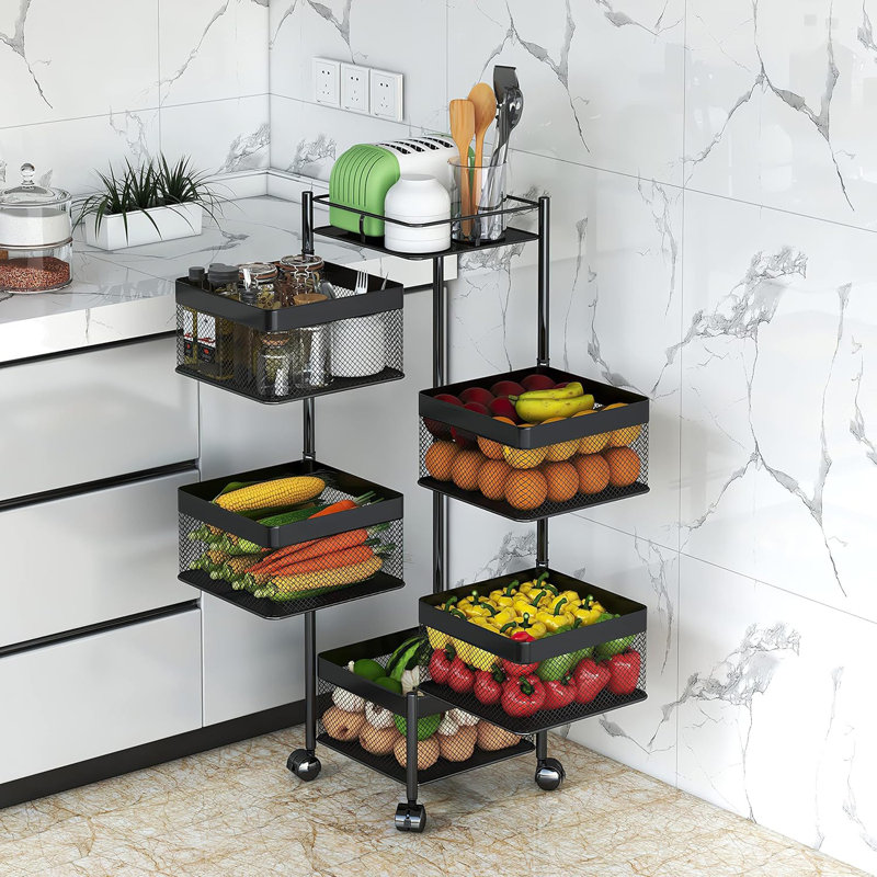 Rotating Kitchen Cart - No-Assembly Turntable Storage Basket with Wheels for Pantry & Bathroom