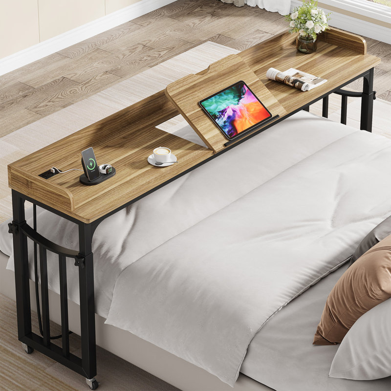 Letrece 70.86'' W Height Adjustable Overbed Table with Power Outlet, Rolling Bed Desk, Brown