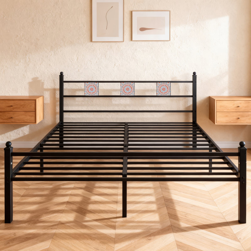 Metal Platform Bed Frame with Decorative Headboard, Under‑Bed Storage Space, No Box Spring Needed