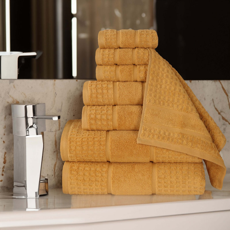Hisela Zero Twist Cotton Solid Waffle Honeycomb Plush Soft Absorbent Medium Weight Assorted Towel Set, Gold