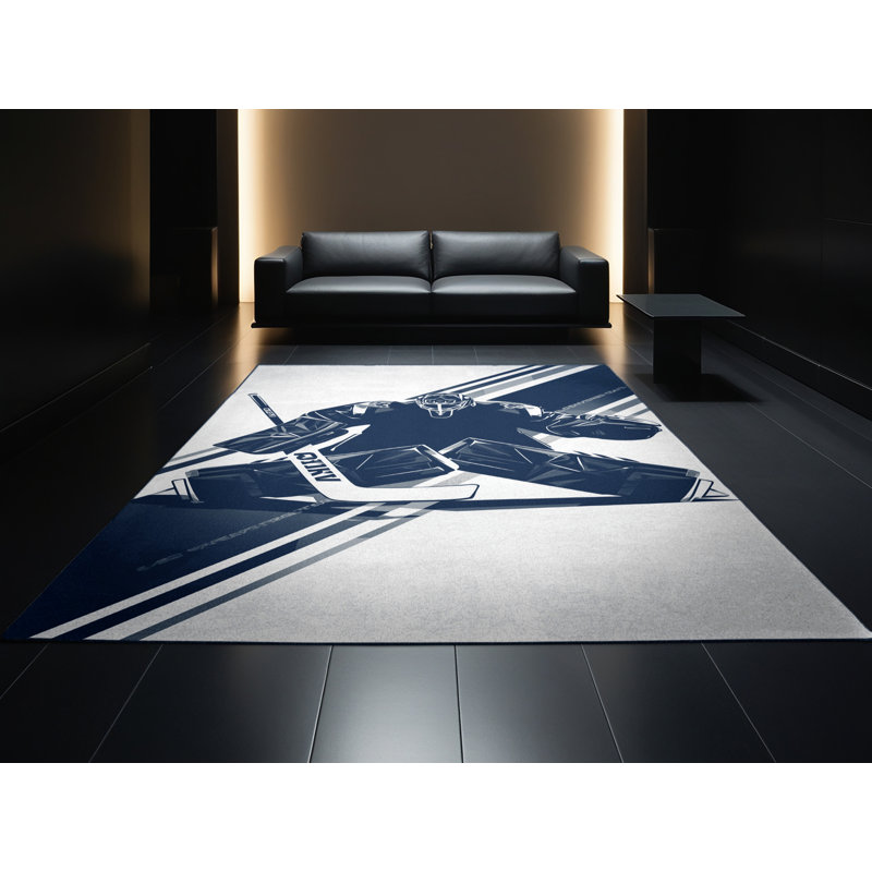 Machine Washable Swanton Ice Hockey Goalie Save Sleek & Chic Modern Geometric Rug in Gray – Navy Binding, 8x10