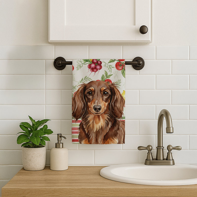 Longhaired Chocolate and Tan Dachshund Vegetables Kitchen Towel, Longhaired Chocolate/Tan Dachshund