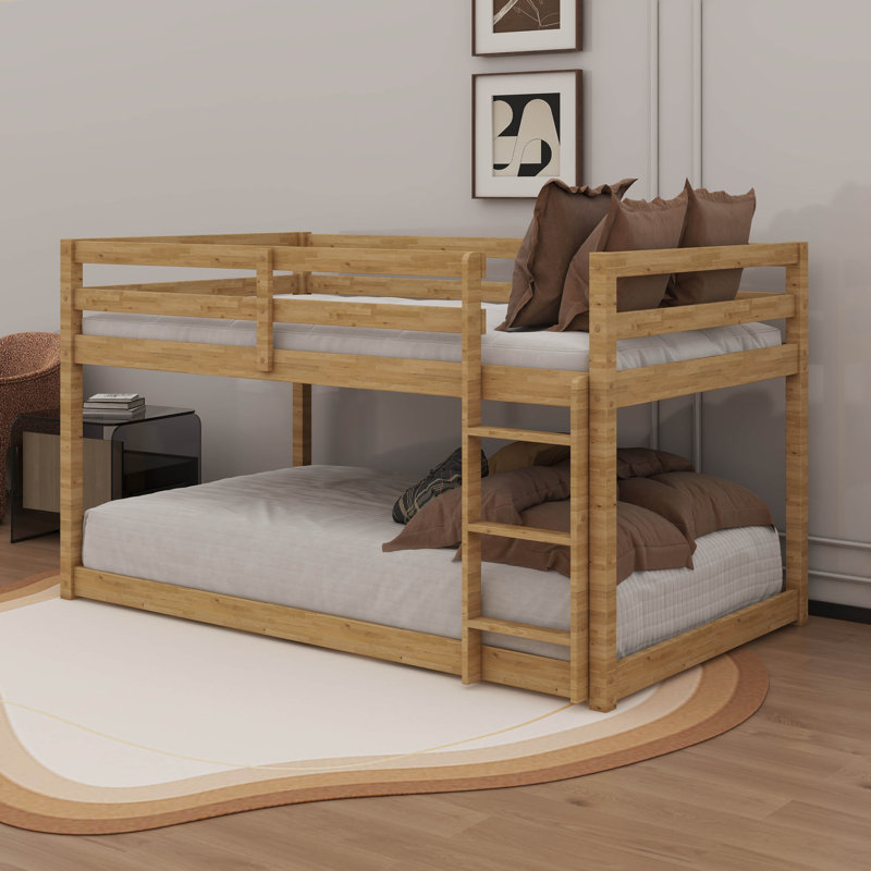 Wood Twin Over Twin Low Bunk Bed With Ladder, Natural