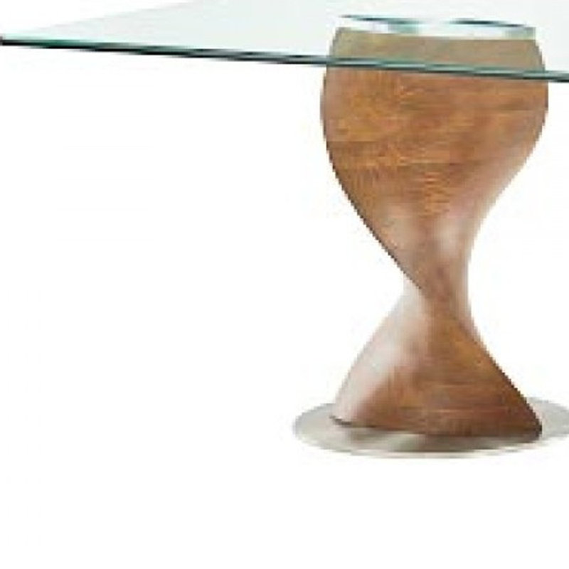  95" Clear And Brown Glass And Solid Wood Double Pedestal Base Dining Table