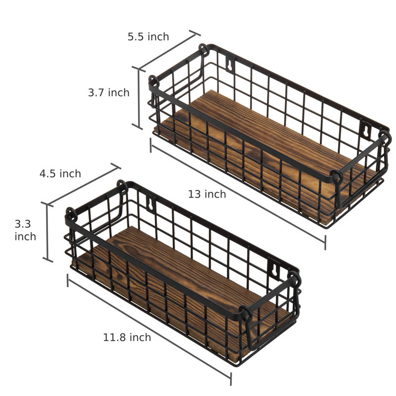 Rustic Black Metal Wire and Burnt Wood Rectangular Storage Baskets, Set of 2