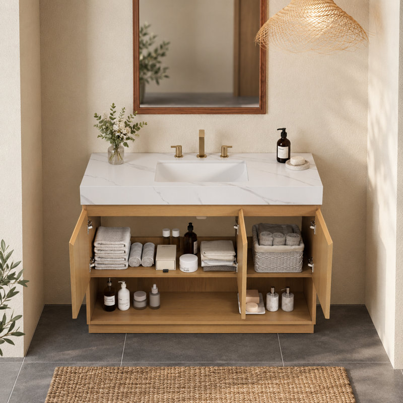 Meuble-lavabo sur pied moderne cannelé avec comptoir en pierre frittée blanche de Carrare et lavabo en céramique prépercé pour robinetterie, chêne
