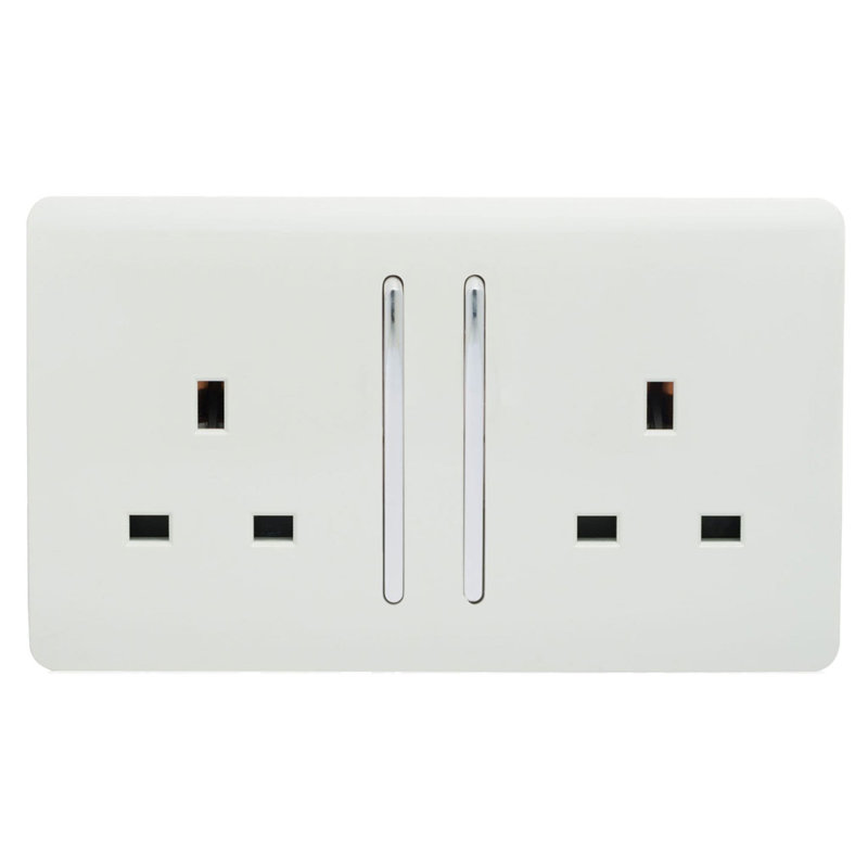 Trendi Switch 2 Gang Long Switched Plug Socket, Gloss White