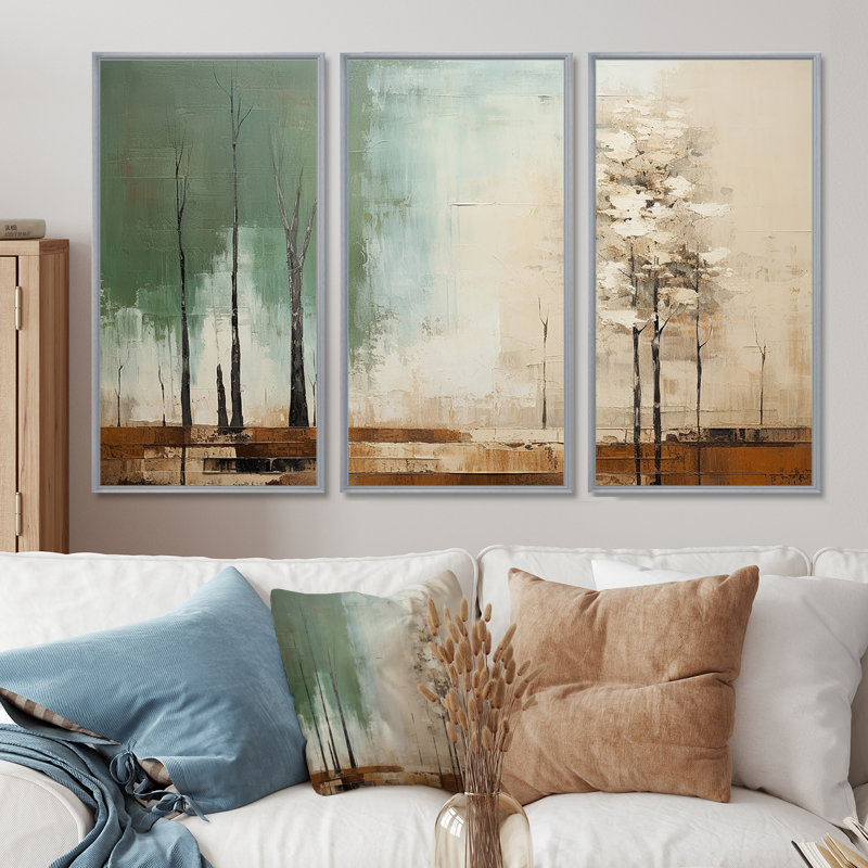 «Green Beige Wild Essence Collage II - Tachism», art mural, H 40 po x l 60 po x P 1 po, Cadre argenté flottant