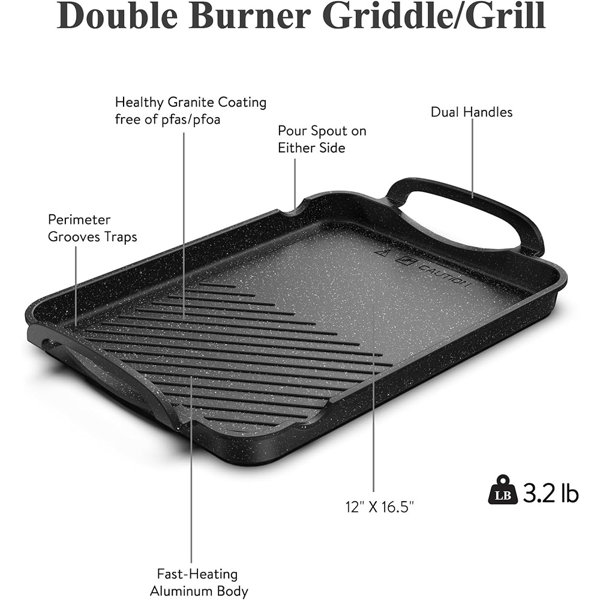Bazova Nonstick Stove Top Griddle/Grill,16.5x12.0 Double Burner Granite  Griddle Pan,Cast Alumunim Induction Breakfast Maker,Flat Top Grilling Plate
